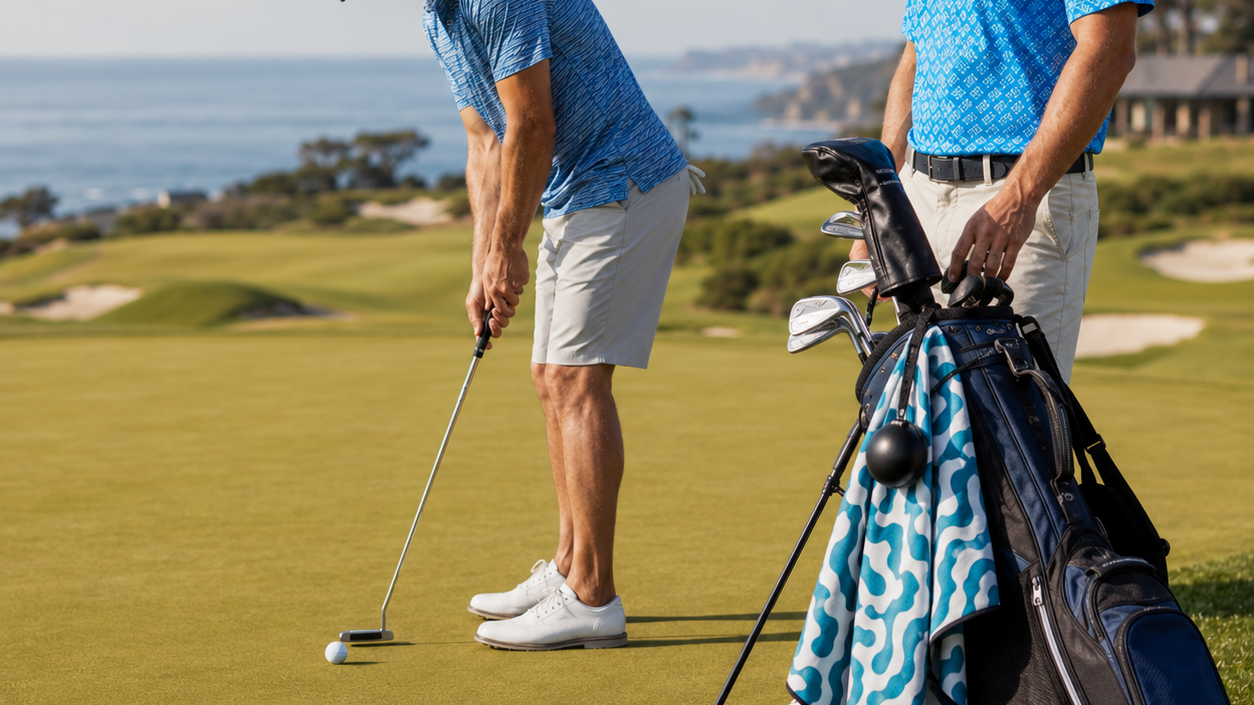 Golf bag with a magnetic golf towel clipped on beside a golfer putting on a seaside green