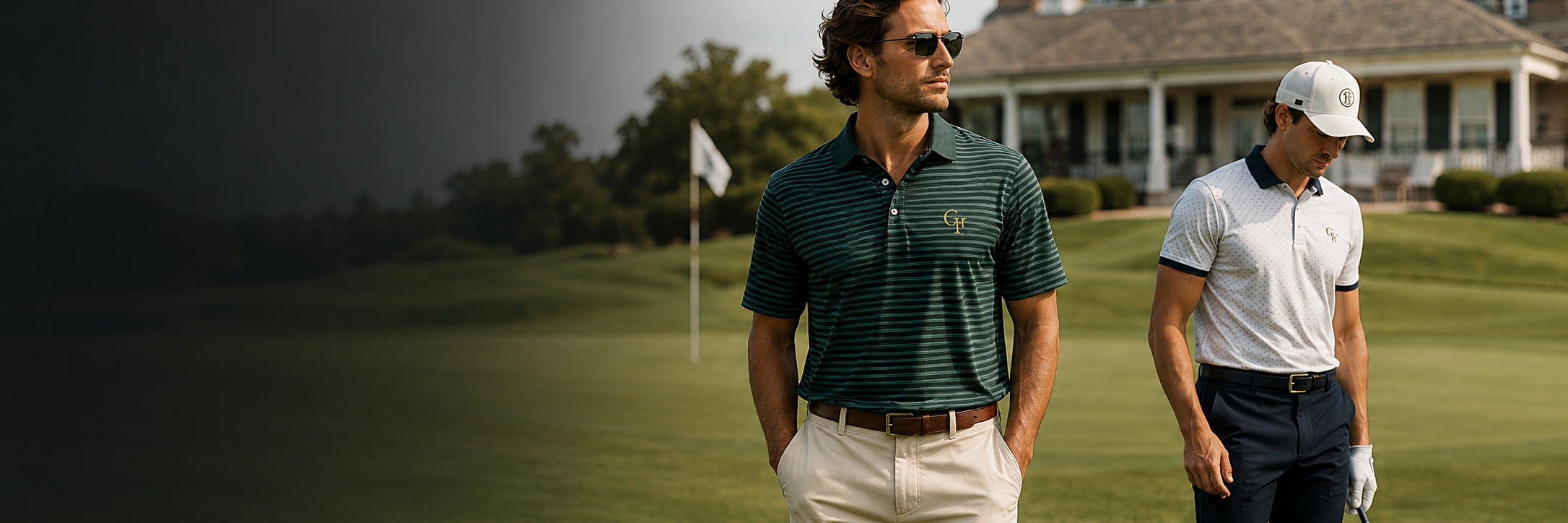 Two men wearing Clubhouse Threads golf polos and apparel on a golf course clubhouse lawn